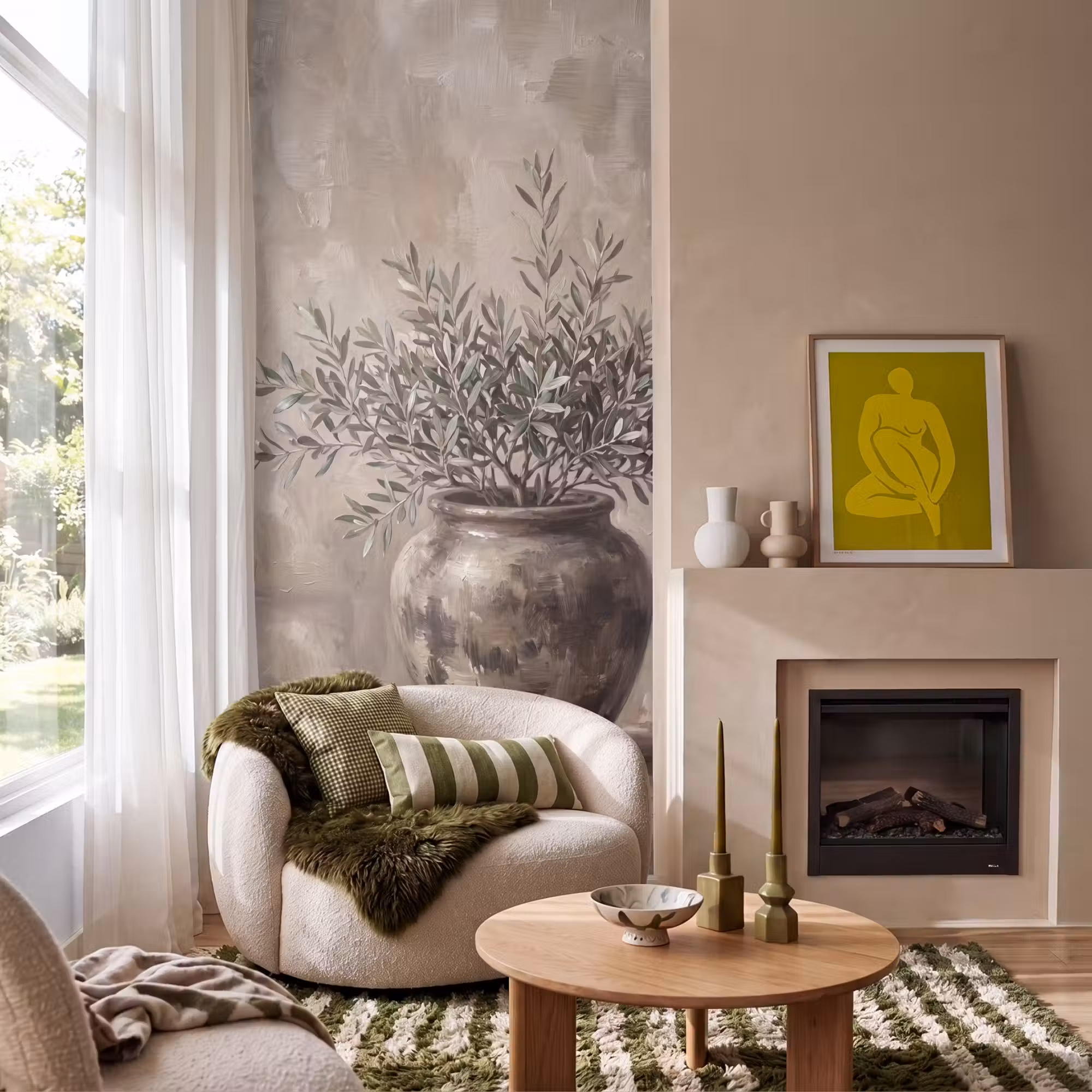 Behang - Olijfplant - Aardenpot - Abstract - Beige
