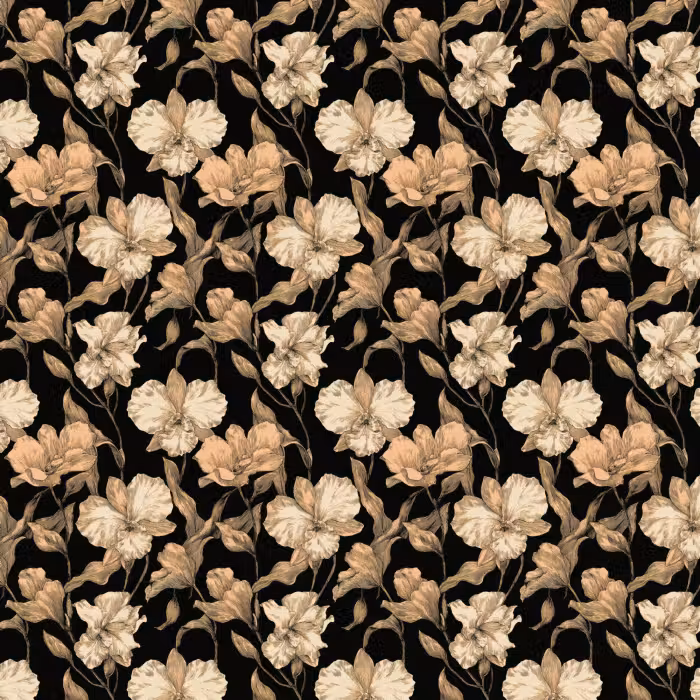 Behang - Orchideeën - Lijntekening - Patroon - Beige - Zwart