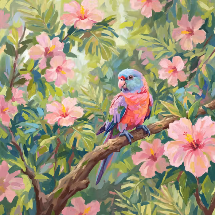 Behang - Papagaai - Hibiscusbloemen - Kleurrijk