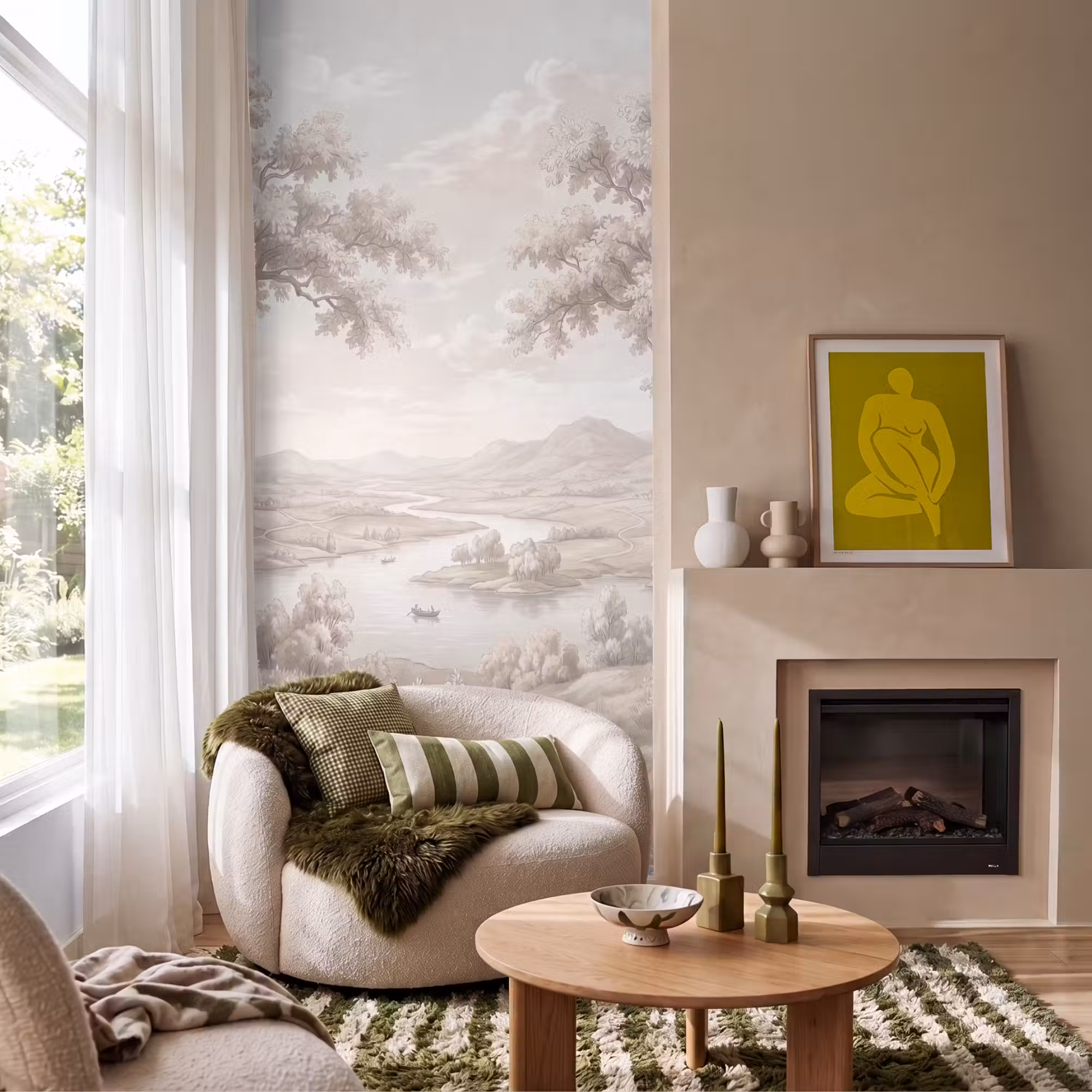 Behang - Rivierlandschap - Bergen - Natuur - Vintage - Beige