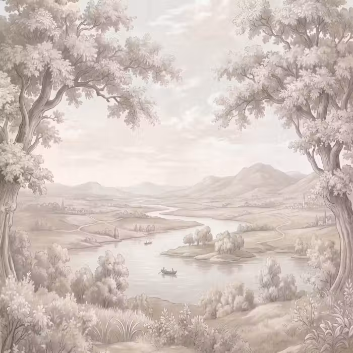 Behang - Rivierlandschap - Bergen - Natuur - Vintage - Beige
