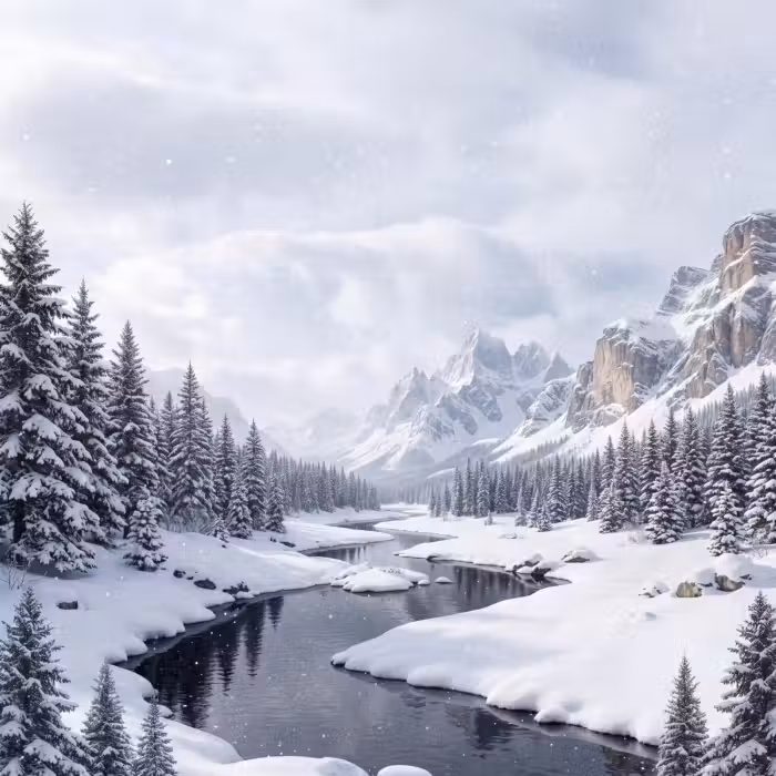 Behang - Sneeuwlandschap - Bergen - Rivier - Winter