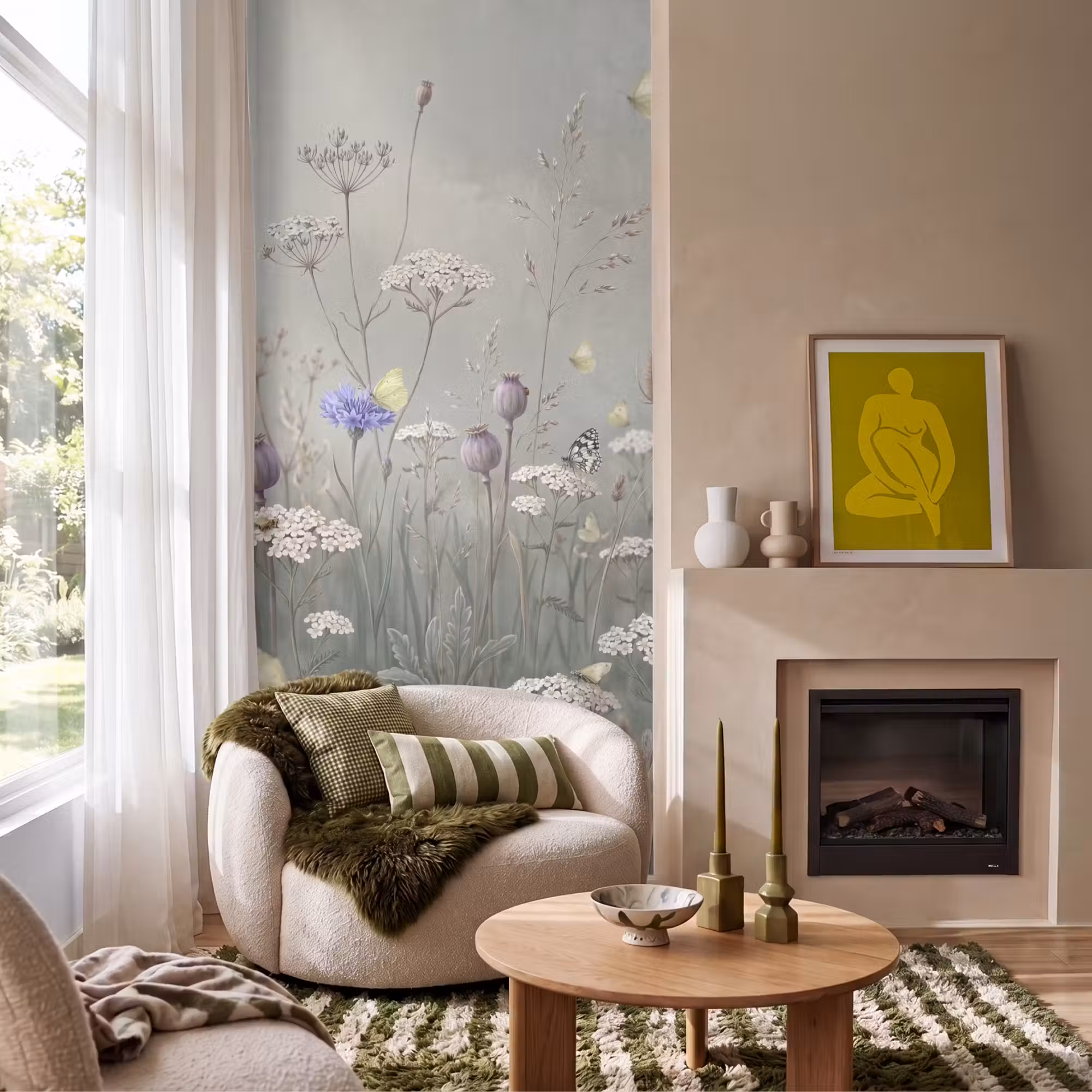 Behang - Vlinders - Wildbloemen - Illustratie - Kleurrijk