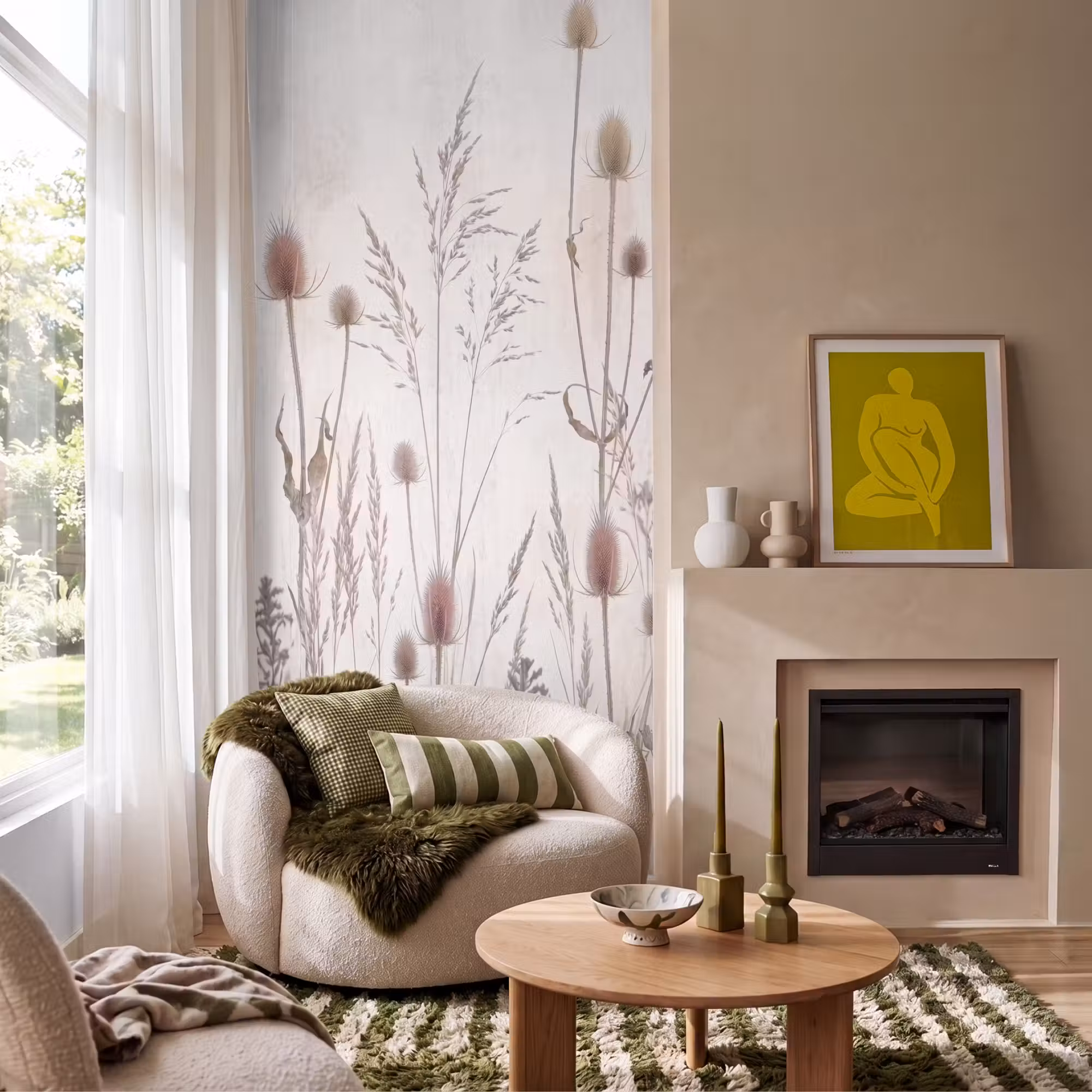 Behang - Weidebloemen - Design - Sepia