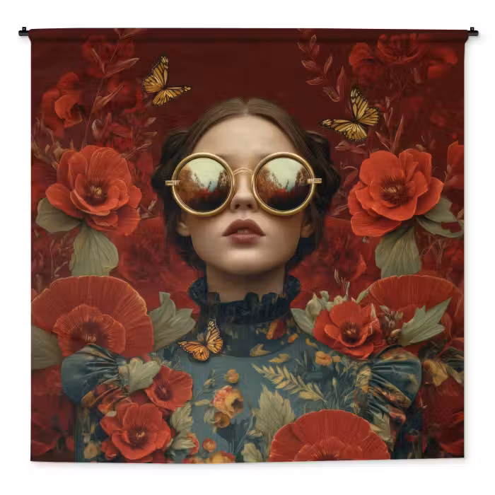Wandkleed - Bloemen - Dieprood - Zonnebril - Vrouw