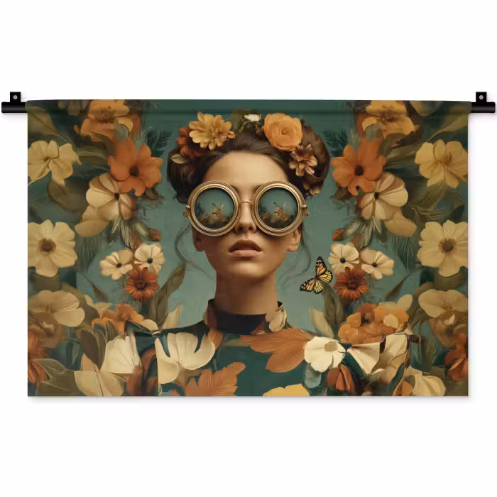 Wandkleed - Bloemenkrans - Vrouwengezicht - Zonnebril - Oranje