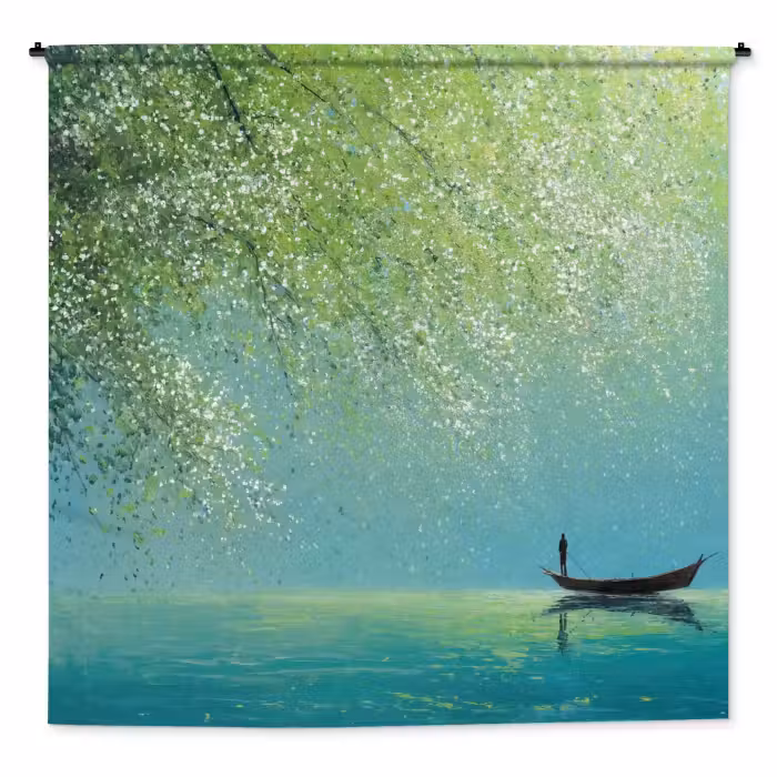 Wandkleed - Bootje - Water - Bladeren - Bloesems