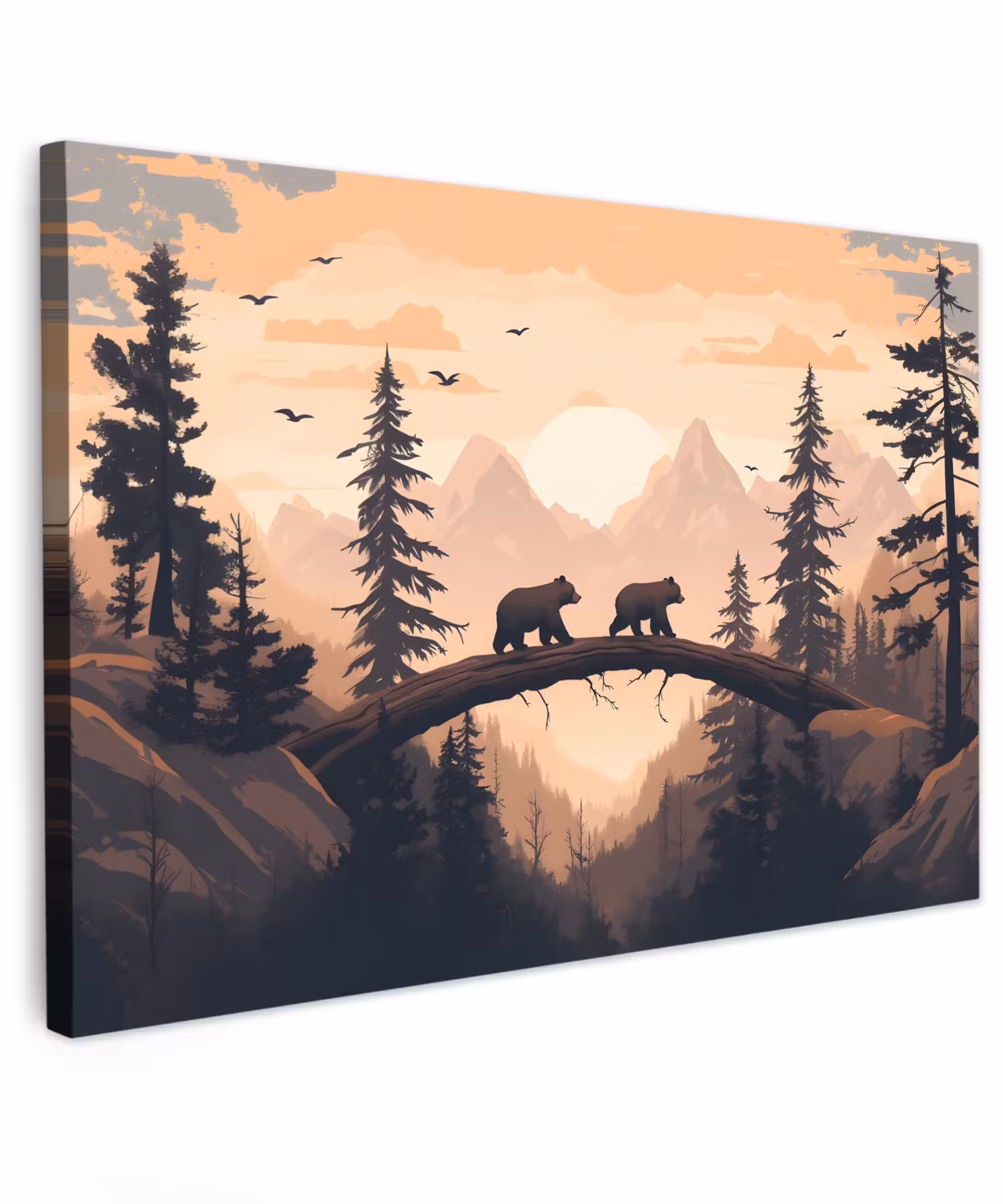 Buiten canvas - Beren - Bomen - Landschap - Zonsondergang