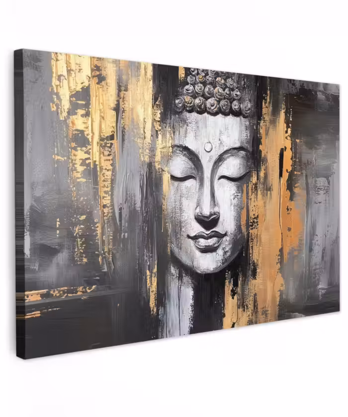 Buiten canvas - Boedhha - Penseelstreken - Goud - Abstract