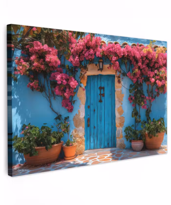 Buiten canvas - Deur - Hout - Bloemen - Blauw