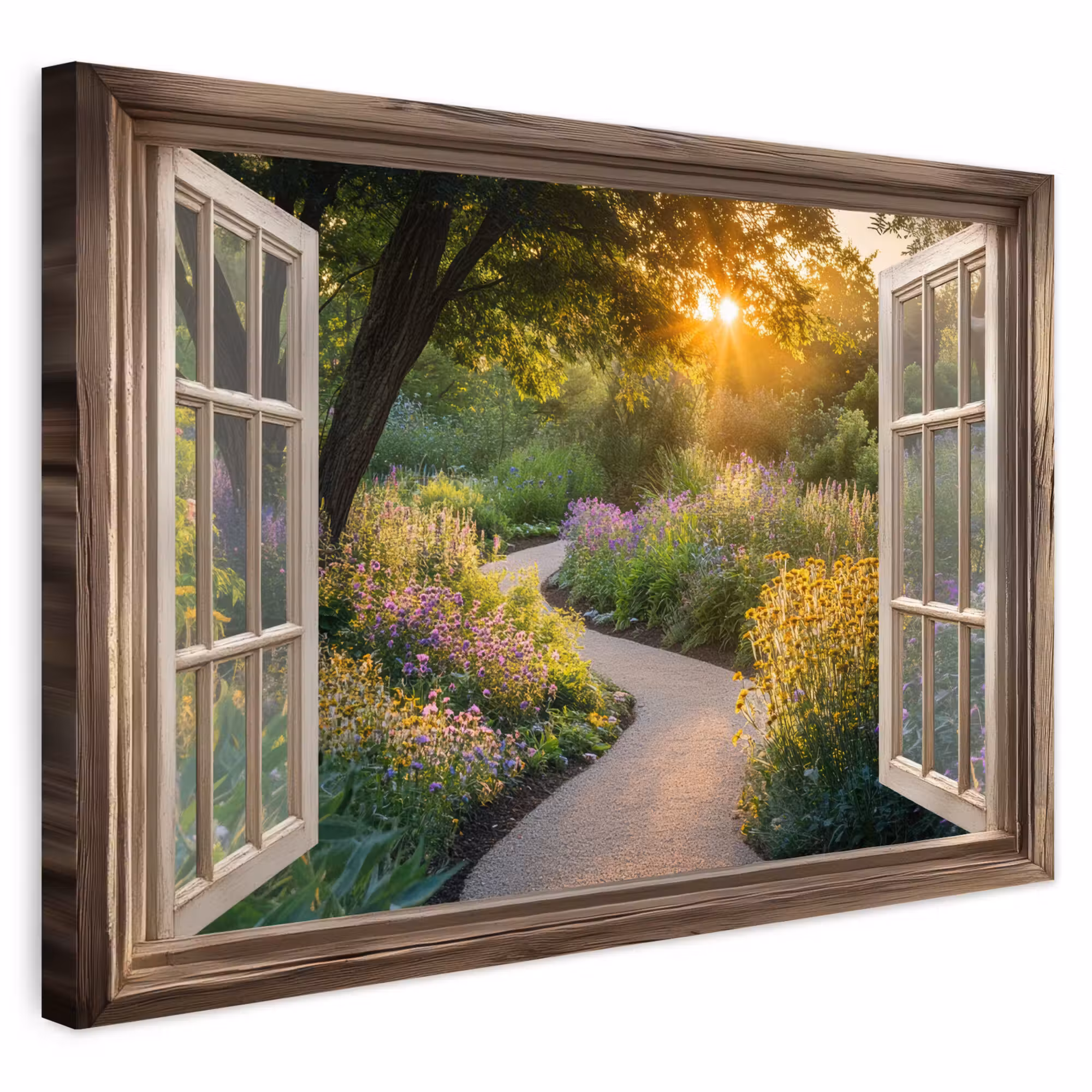 Buiten canvas - Doorkijk - Bloemen - Natuur - Zon - Pad