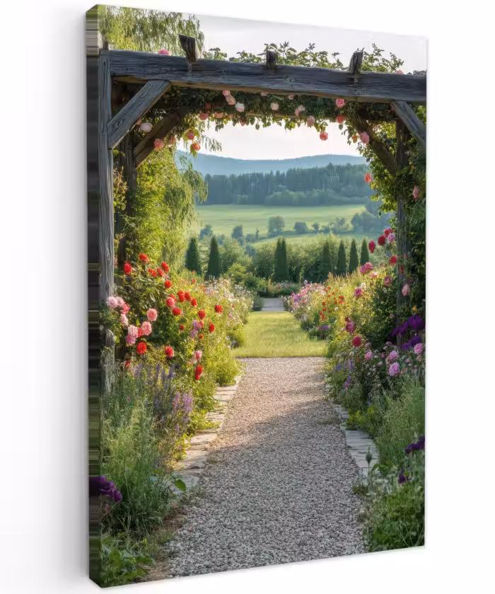 Buiten canvas - Doorkijk - Landschap - Natuur - Tuinboog - Bloemen