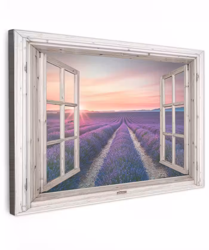 Buiten canvas - Doorkijk - Lavendel - Bloemen - Hout - Zonsondergang - Paars