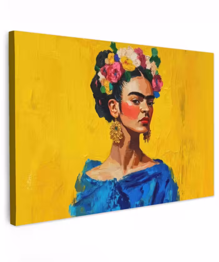 Buiten canvas - Frida Kahlo - Vrouw - Geel - Blauw - Bloemen