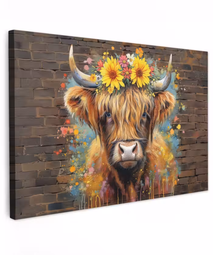 Buiten canvas - Hooglander met Bloemenkroon