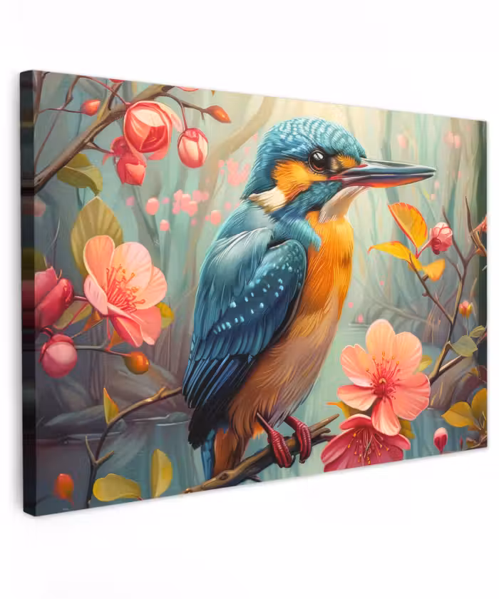 Buiten canvas - IJsvogel - Bloesem - Natuur - Vogels - Bloemen