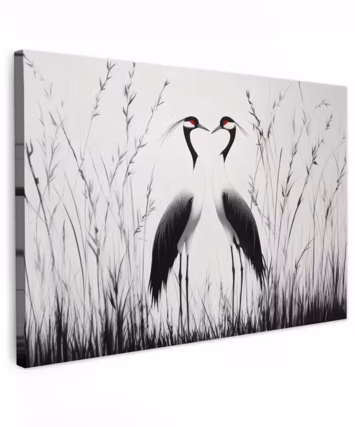 Buiten canvas - Kraanvogels - Gras - Hartvorm - Zwart