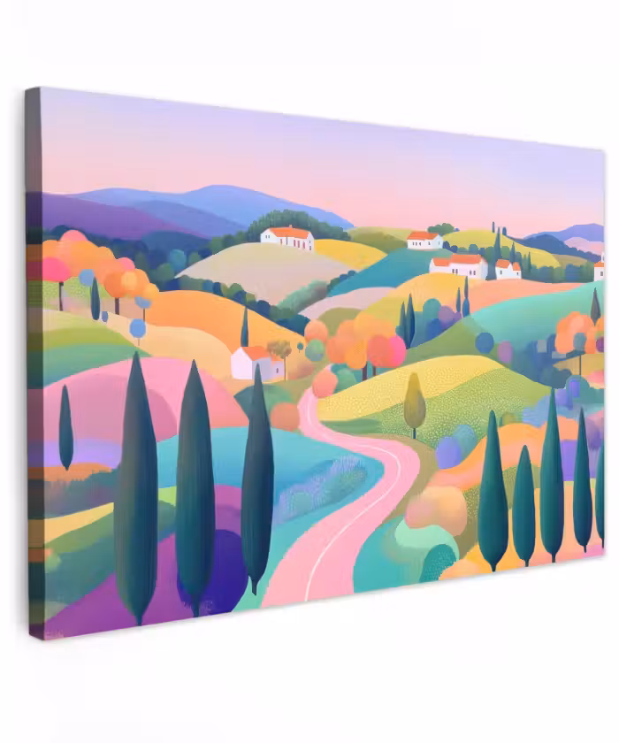 Buiten canvas - Landschap - Paars - Pastel - Huizen
