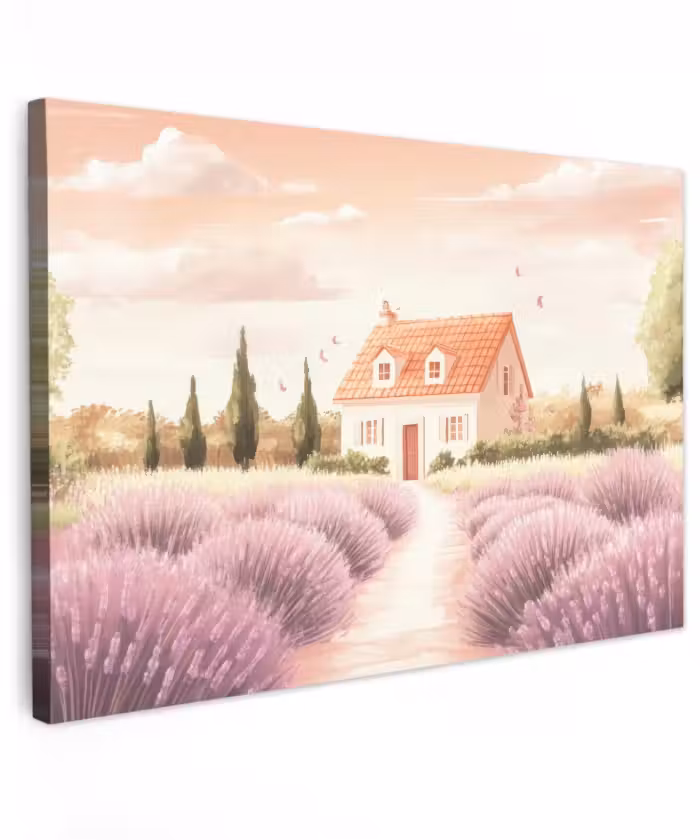 Buiten canvas - Lavendelveld - Huis - Paars
