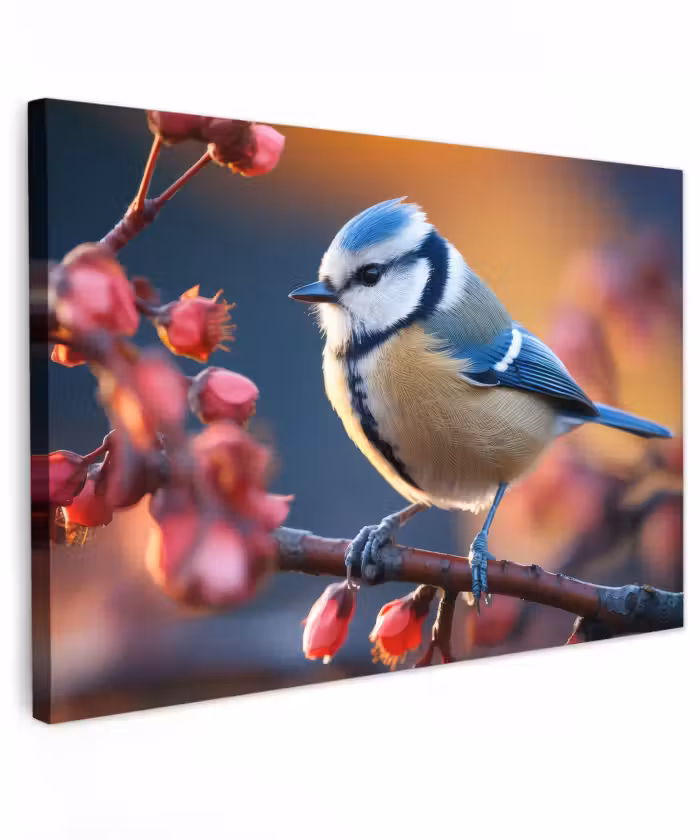 Buiten canvas - Pimpelmees bij Bloesems