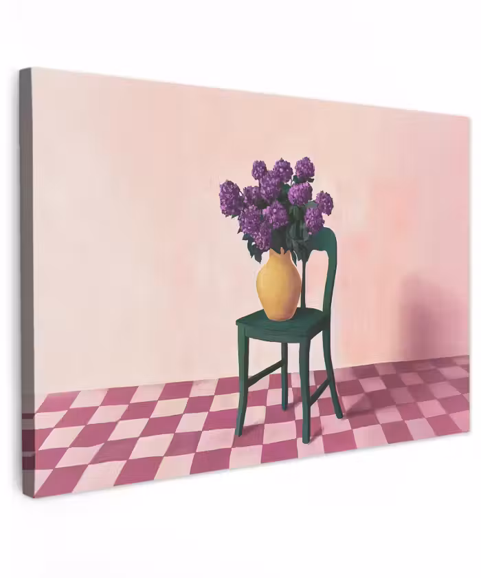 Buiten canvas - Stoel - Vaas - Bloemen - Geblokt