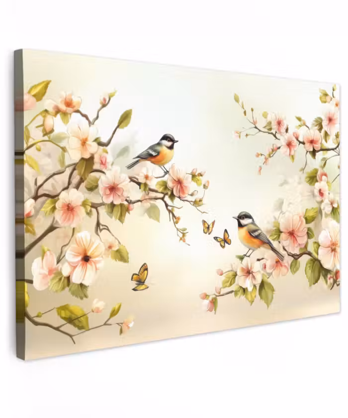 Buiten canvas - Takken - Bloemen - Vogeltjes - Roze
