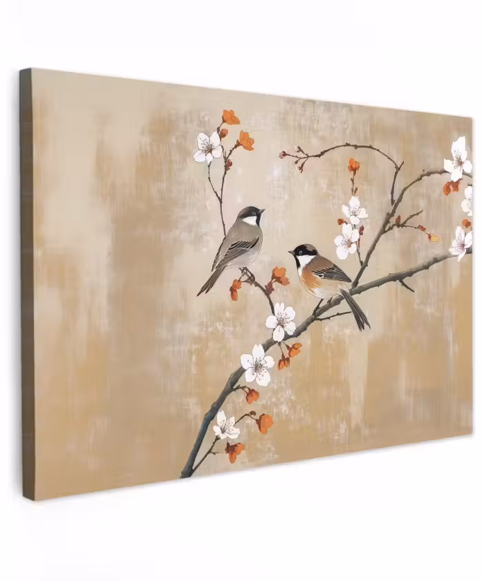 Buiten canvas - Vogels - Bloesemtak - Bloemen - Oranje