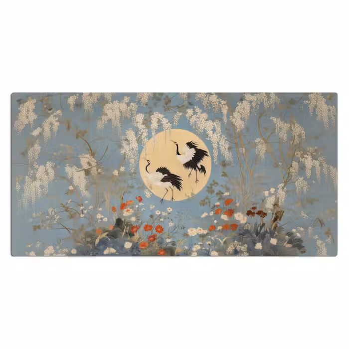 Bureau onderlegger - Kraanvogels - Maan - Bloemen - Blauw