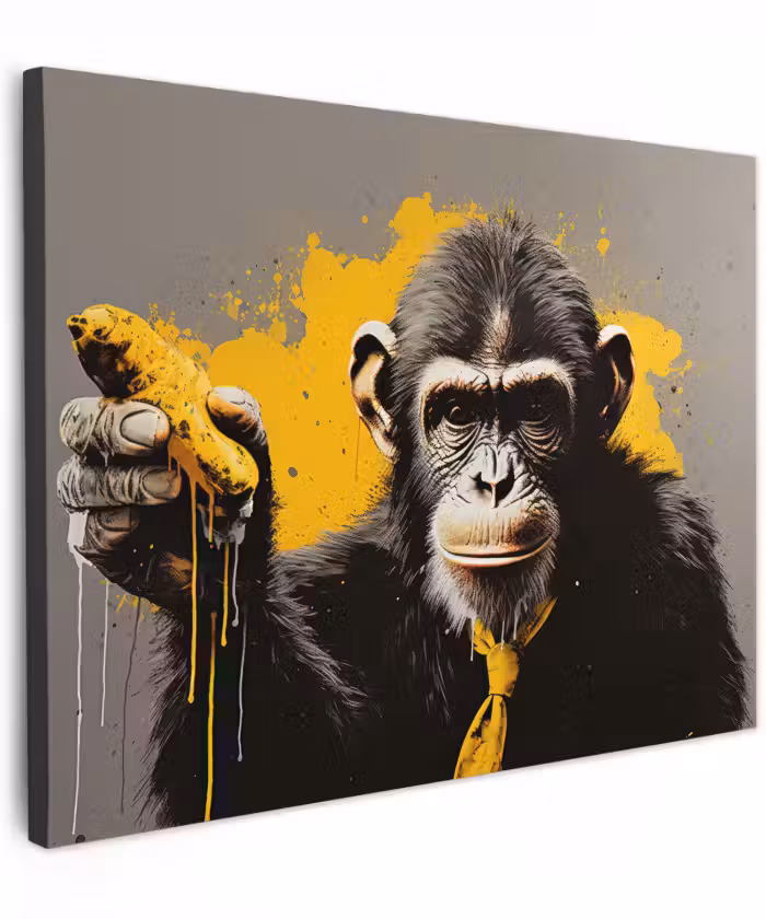 Canvas schilderij - Aap - Chimpansee - Banaan - Geel - Dieren - Stropdas