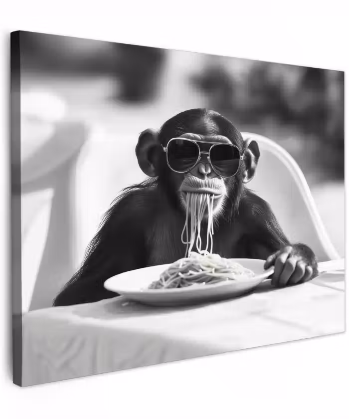 Canvas schilderij - Aap - Spaghetti - Zonnebril - Zwart wit - Cool - Dier
