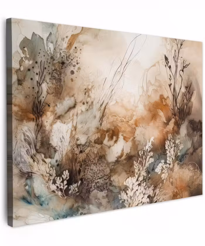 Canvas schilderij - Abstract - Beige - Verf - Kunst - Natuur - Bloemen