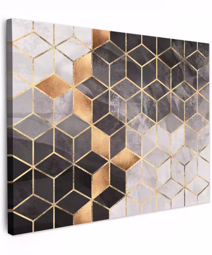 Canvas schilderij - Abstract - Kubus - Goud - Patronen - Zwart - Wit