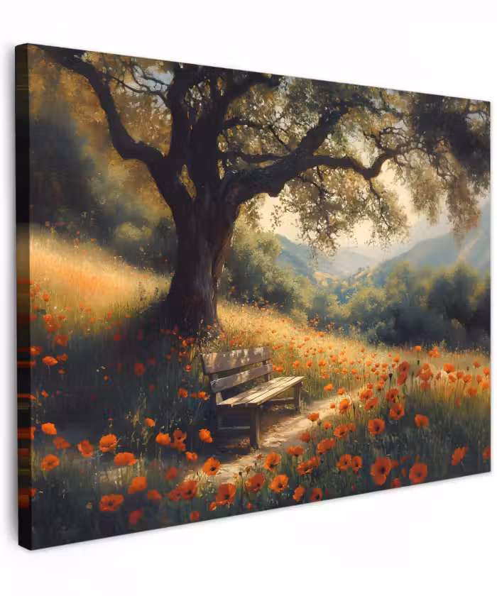 Canvas schilderij - Bankje - Boom - Klaprozen - Heuvels