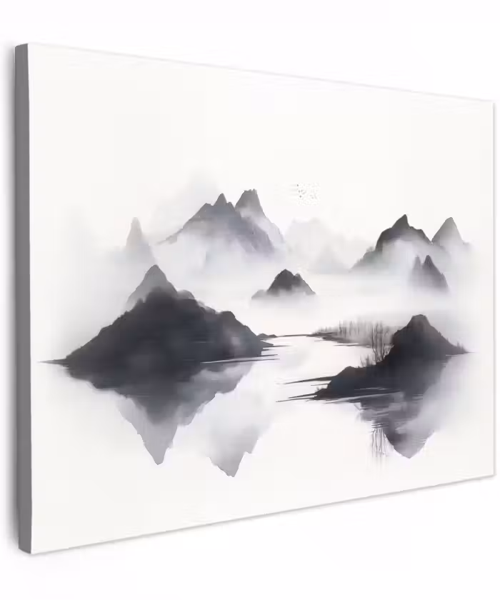 Canvas schilderij - Bergen - Mistig - Water - Wit