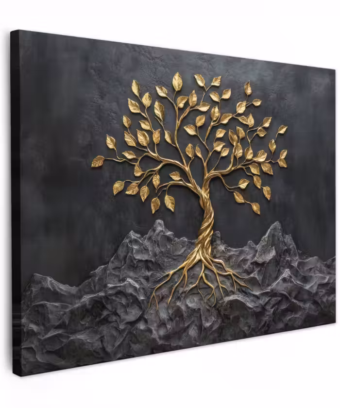 Canvas schilderij - Bladeren - Goud - Boom - Rots