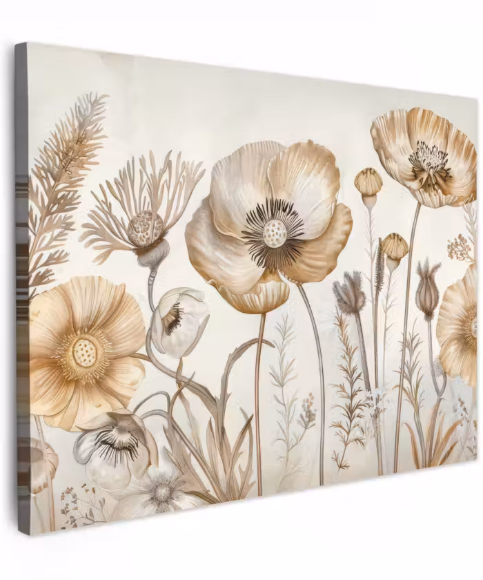Canvas schilderij - Bloemen - Beige - Natuur - Illustratie
