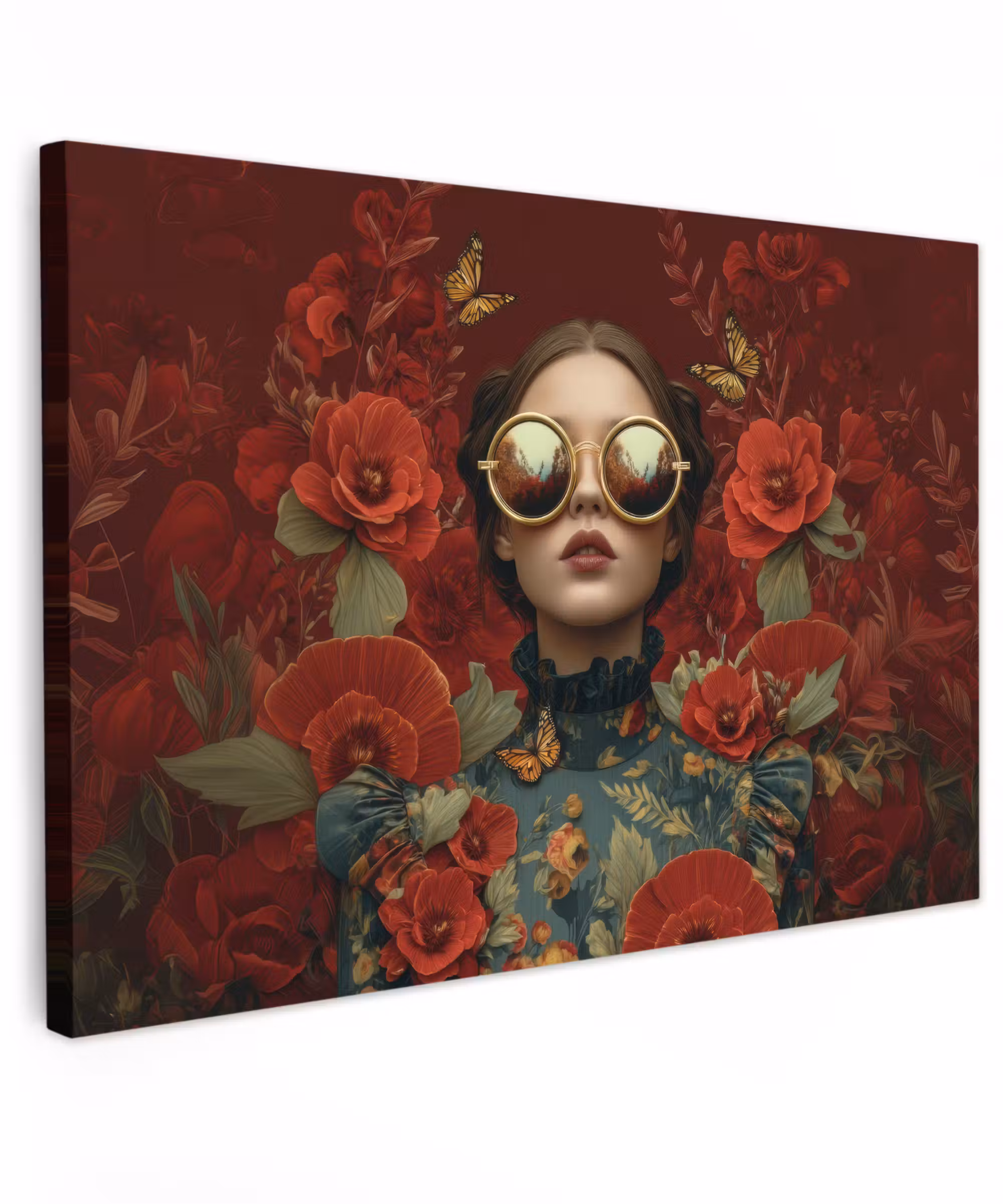 Canvas schilderij - Bloemen - Dieprood - Zonnebril - Vrouw