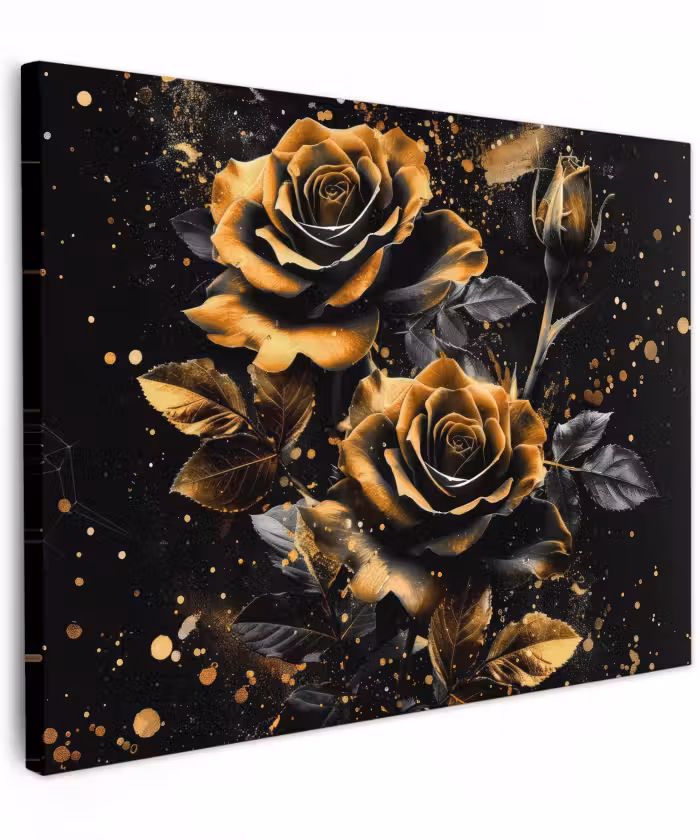Canvas schilderij - Bloemen - Goud - Zwart - Kunst