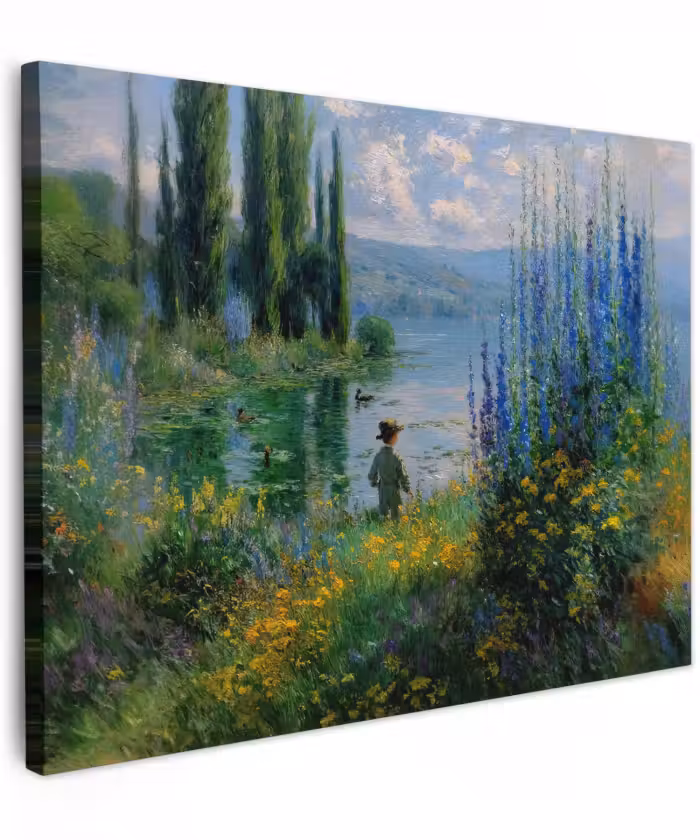 Canvas schilderij - Bloemen - Meer - Bergen - Groen