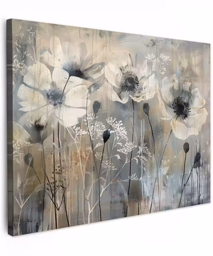 Canvas schilderij - Bloemen - Planten - Grijs - Abstract