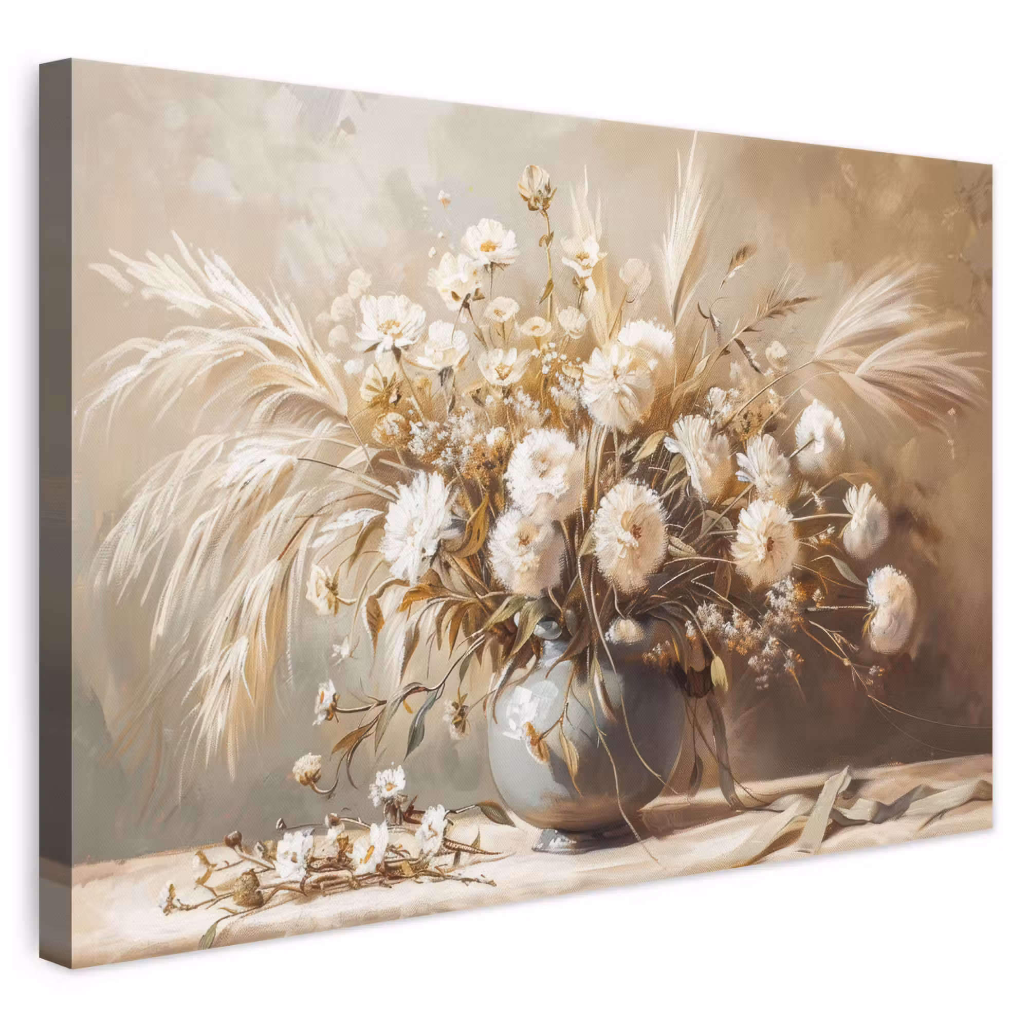 Canvas schilderij - Bloemen - Vaas - Stilleven - Beige