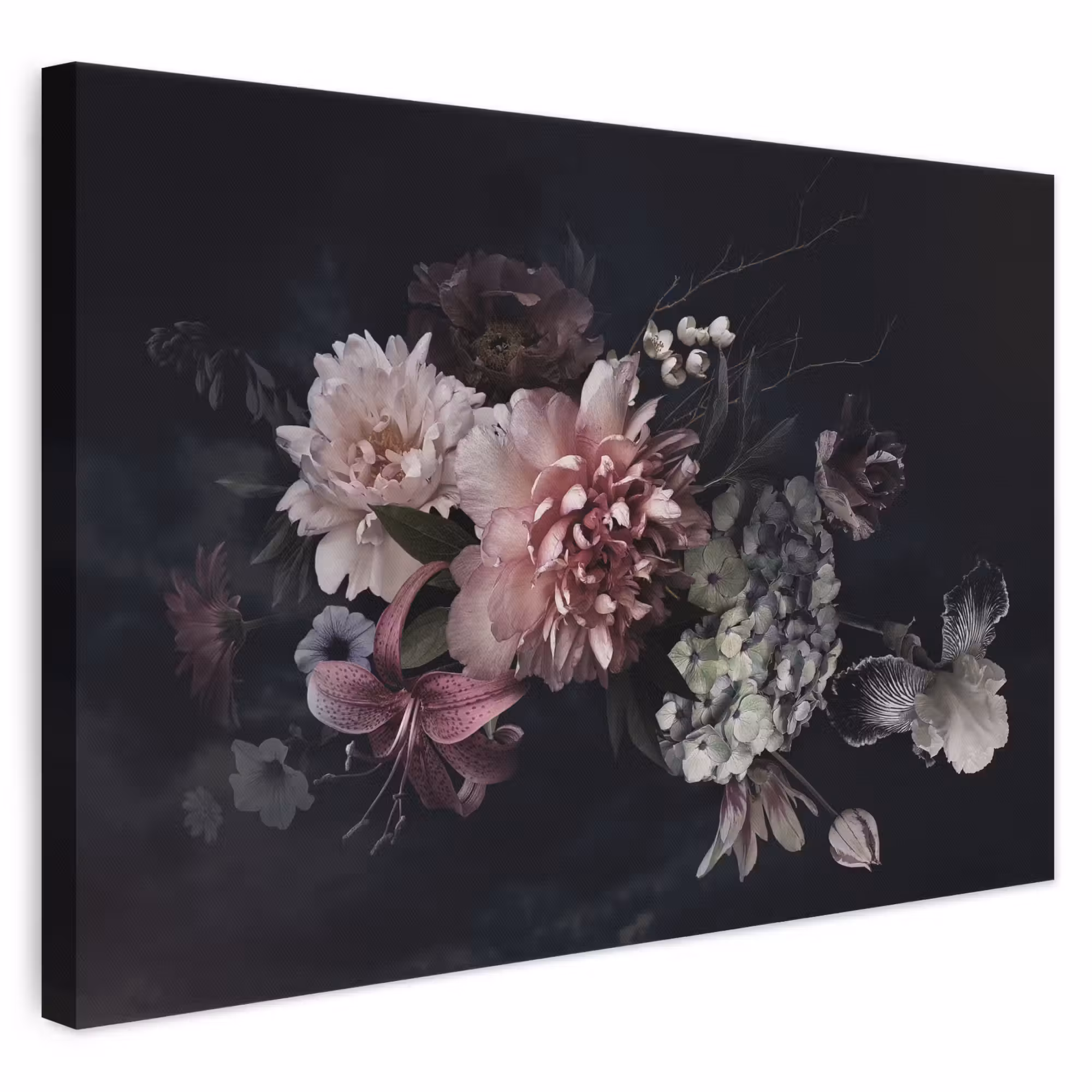 Canvas schilderij - Bloemen - Vintage - Pastel - Zwart - Boeket