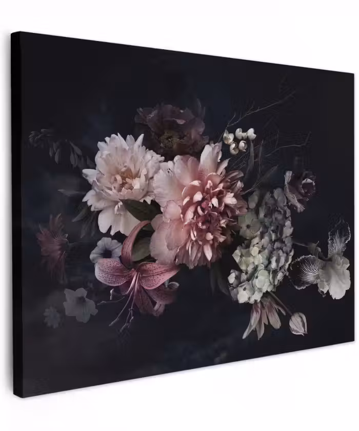 Canvas schilderij - Bloemen - Vintage - Pastel - Zwart - Boeket
