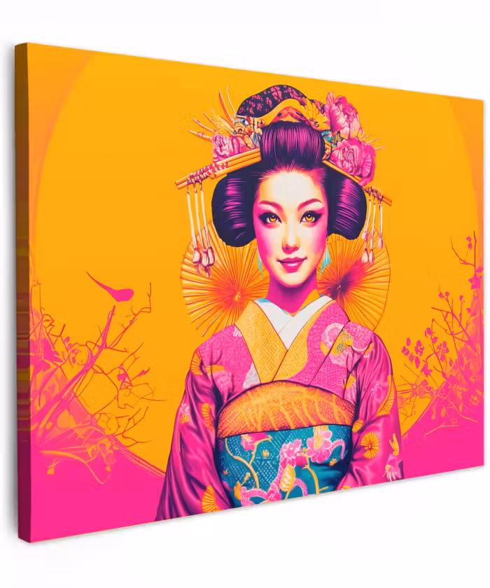 Canvas schilderij - Bloemen - Vrouw - Kimono - Roze