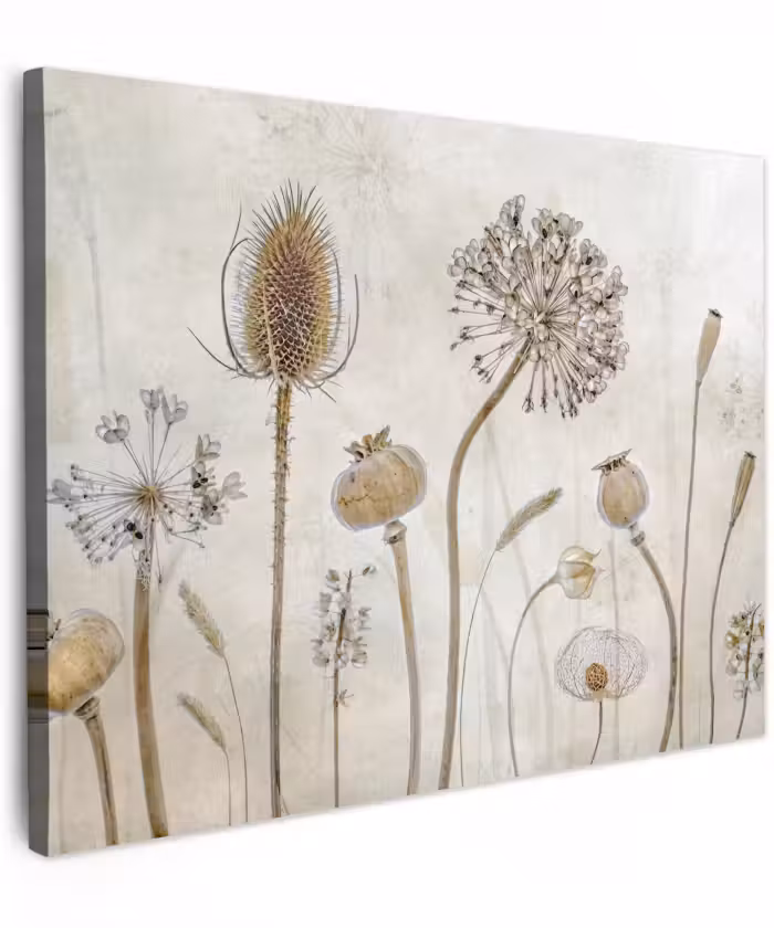 Canvas schilderij - Bloemen - Waterverf - Stilleven - Bruin - Vintage