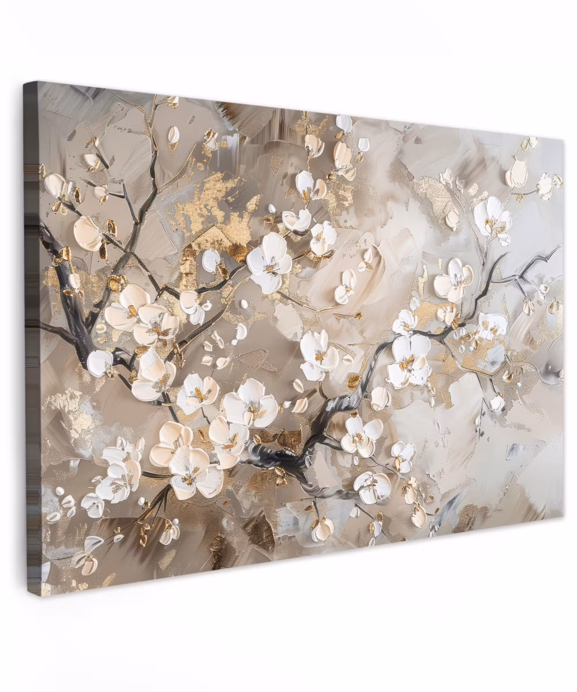 Canvas schilderij - Bloemen - Wit - Goud - Beige - Luxe