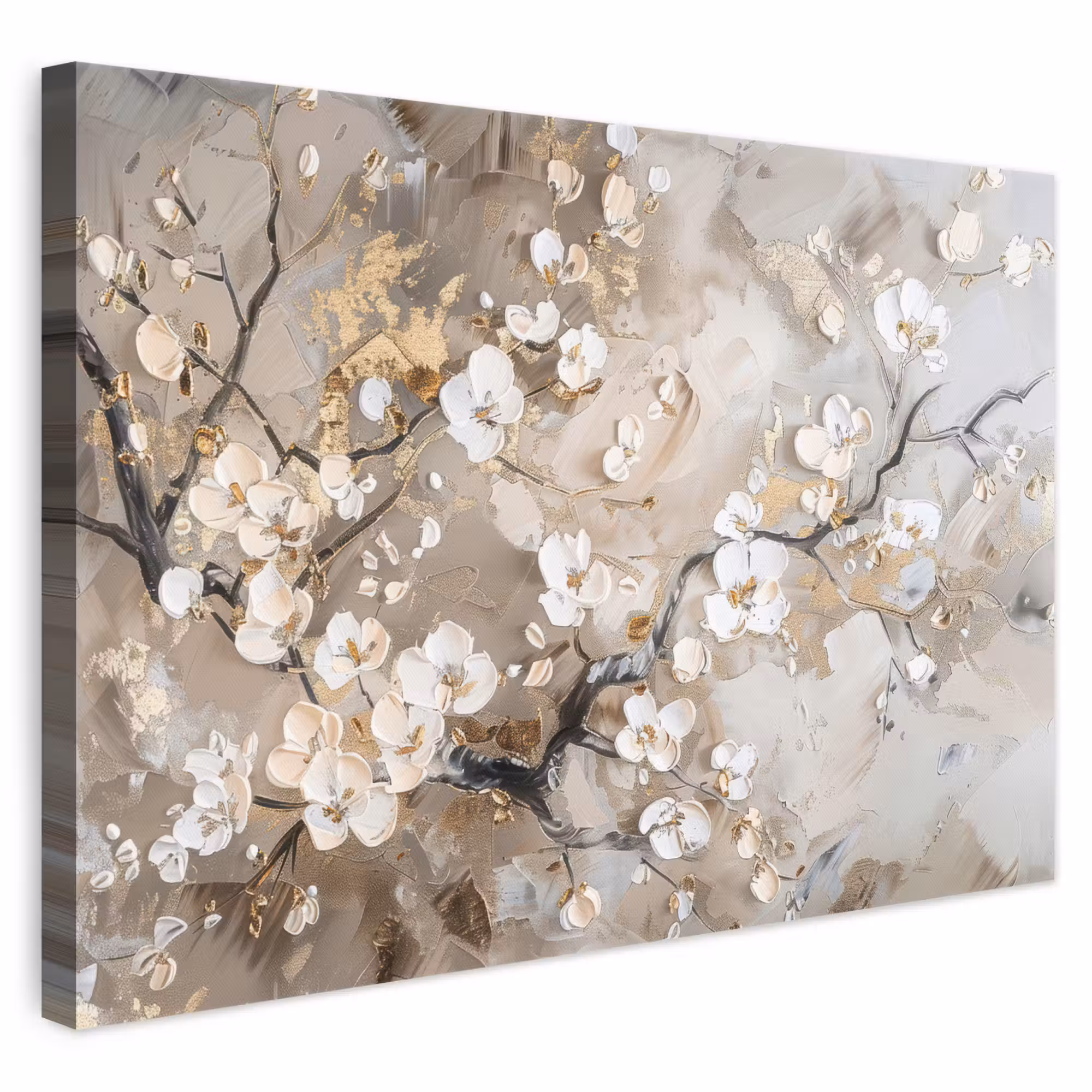 Canvas schilderij - Bloemen - Wit - Goud - Beige - Luxe
