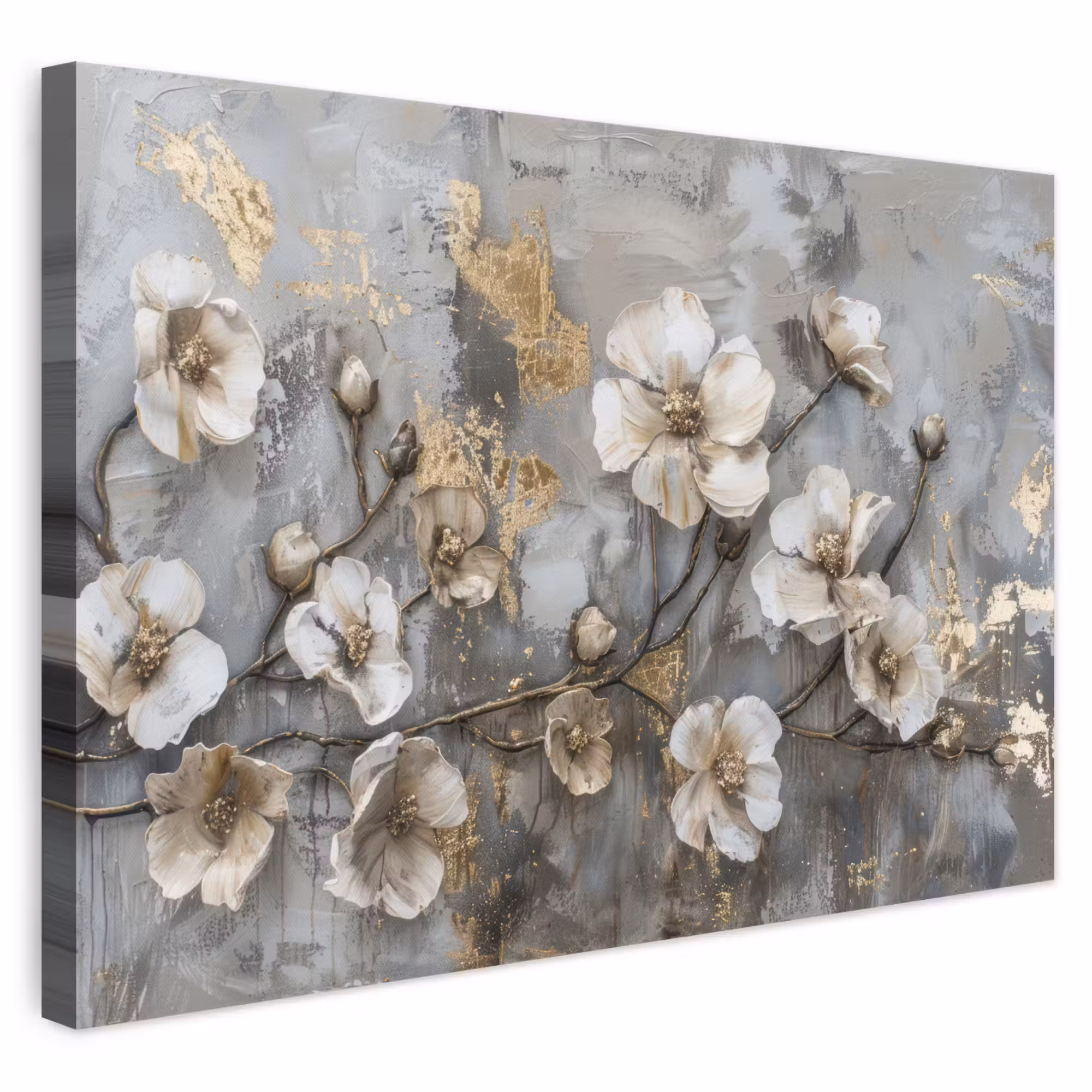 Canvas schilderij - Bloemen - Wit - Grijs - Goud - Luxe