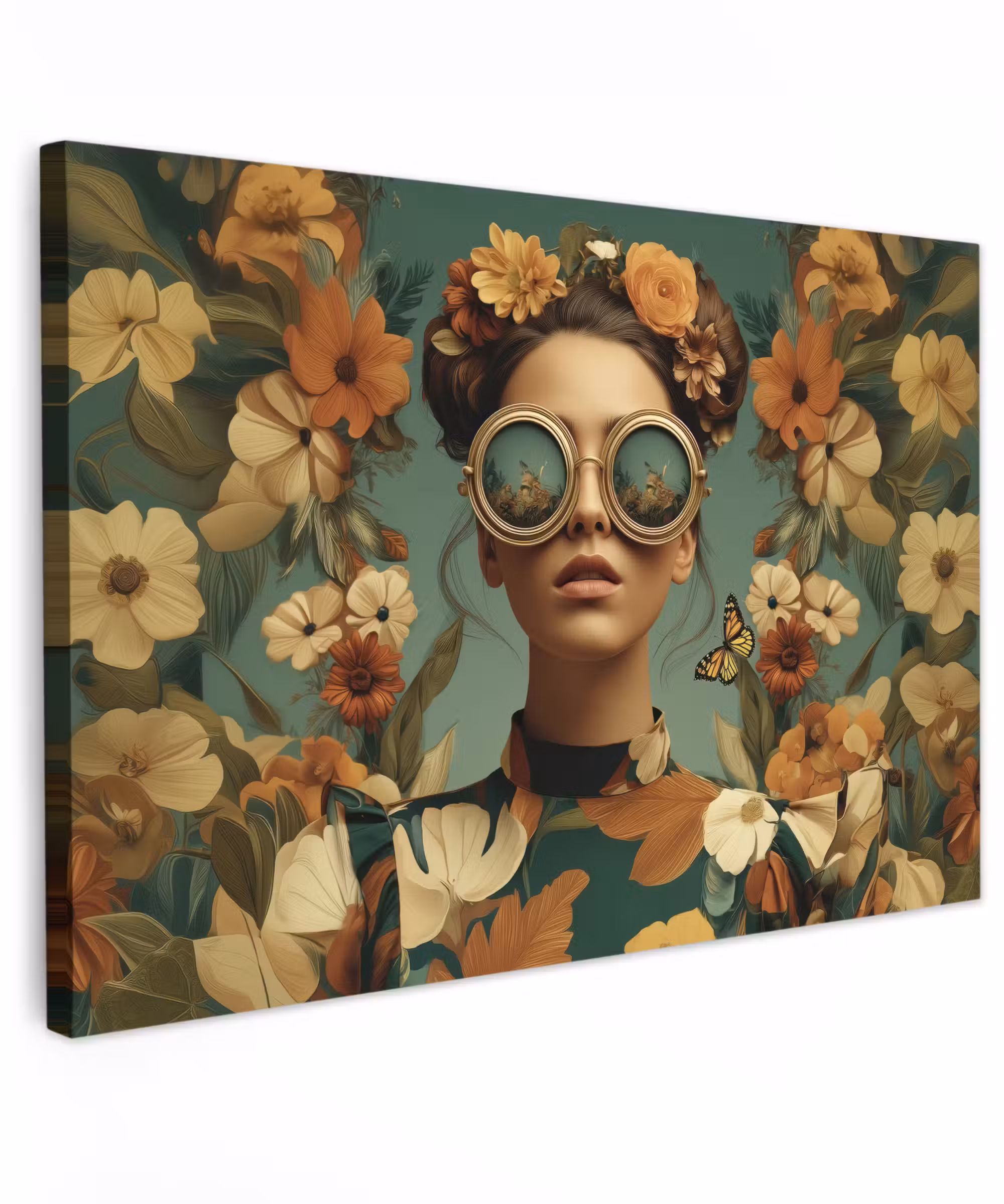 Canvas schilderij - Bloemenkrans - Vrouwengezicht - Zonnebril - Oranje