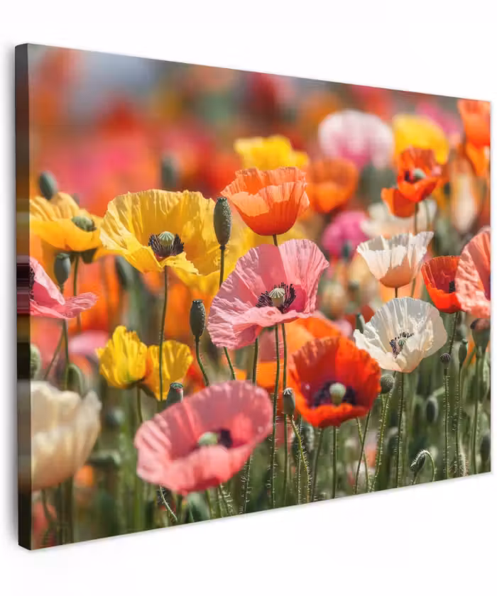 Canvas schilderij - Bloemenveld - Klaprozen - Kleurrijk